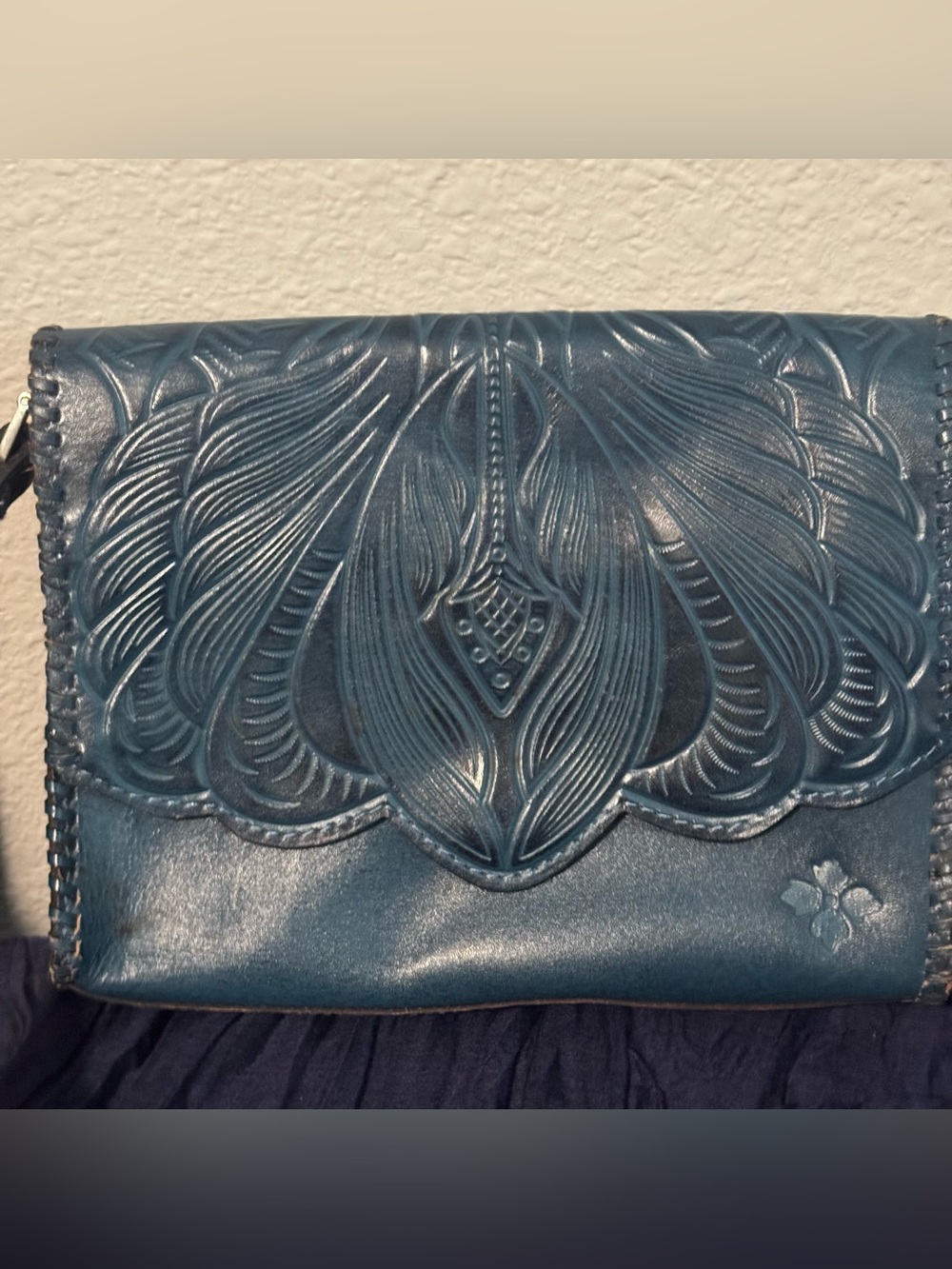 Patricia Nash Sarola Tooled Leather Crossbody Flap Bag Blue Teal